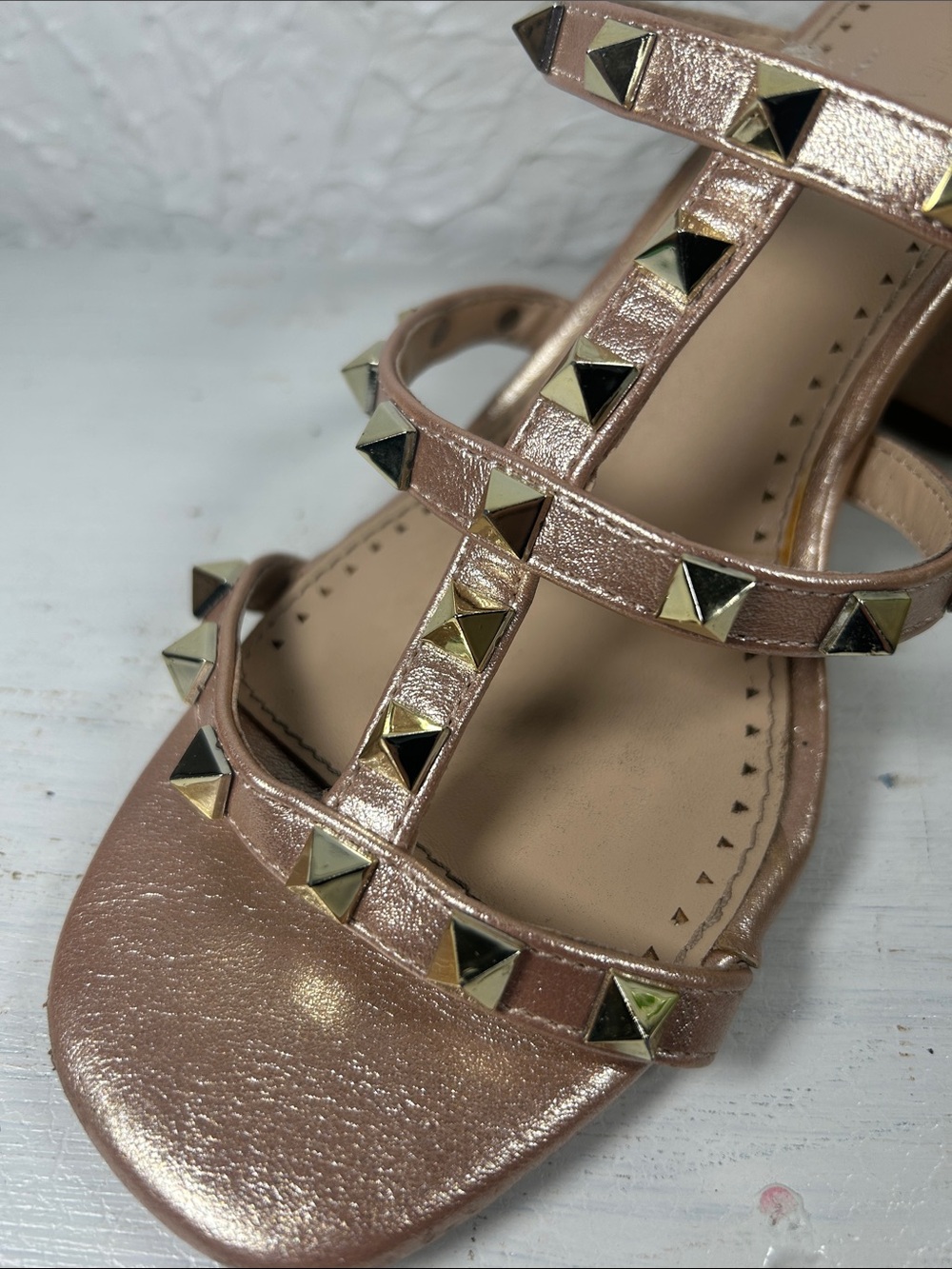 Adrienne Vittadini Metallic Rose Gold Studded Strappy Slide In Block Heel Sandal - Picture 10 of 12